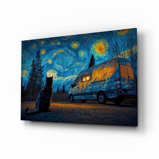 Starry Night Camper Van and Cat Glass Wall Art - Lifestyle preview in a designer interior
