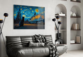 a cat watching a camper van under a swirling starry sky glass wall art styled above an armchair in a reading corner