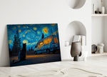 a cat watching a camper van under a swirling starry sky panel bringing character to a minimalist living room wall