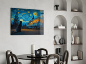 a cat watching a camper van under a swirling starry sky glass wall art leaning beside a dark leather sofa