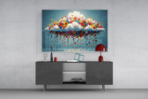a white cloud bursting with colorful wildflowers glass wall art styled in an atmospheric room setting