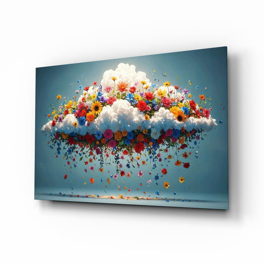 Blooming Cloud Wildflower Burst Glass Wall Art - Lifestyle preview in a designer interior