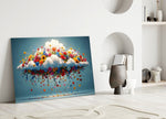 a white cloud bursting with colorful wildflowers panel bringing character to a minimalist living room wall
