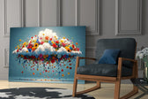 a white cloud bursting with colorful wildflowers panel resting in a shelving niche in a modern interior