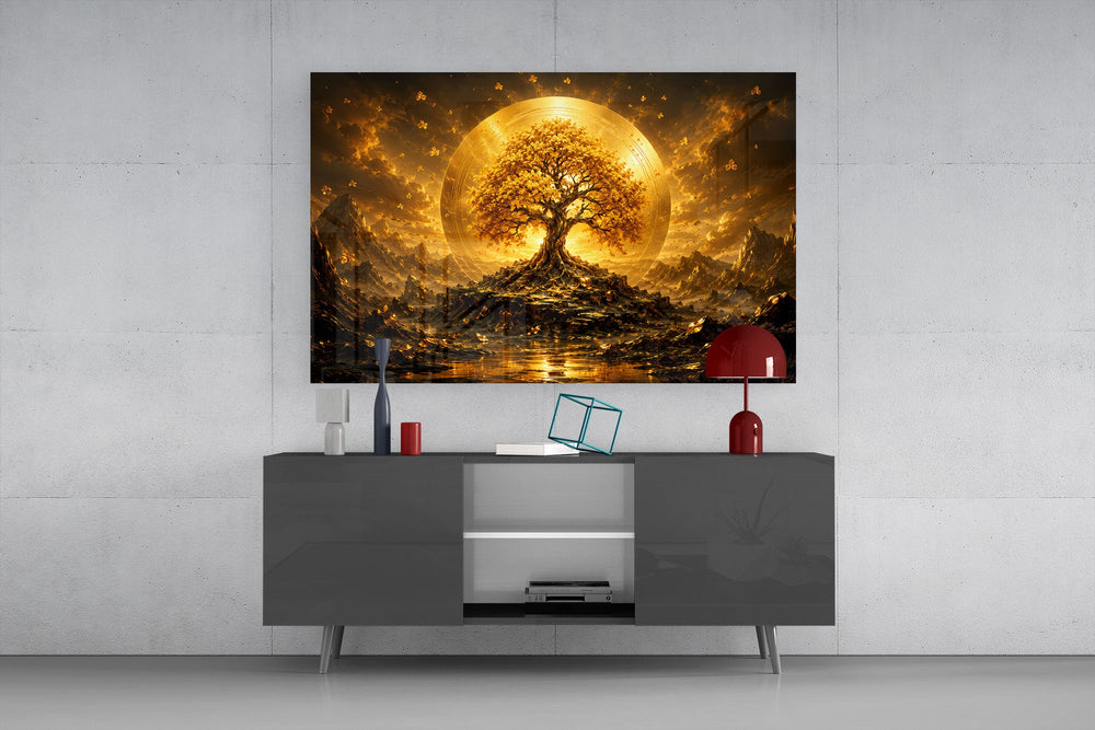 a golden tree of life before a radiant sun disc glass wall art styled in an atmospheric room setting