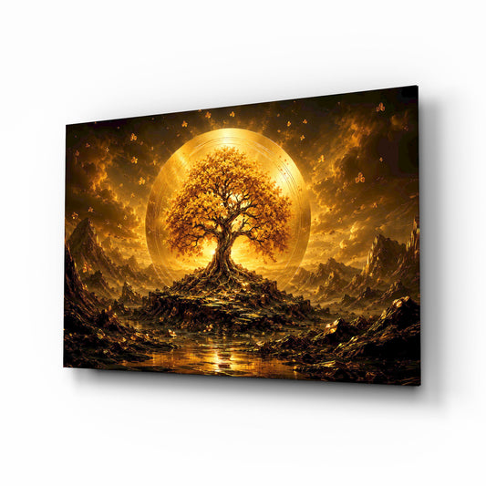 Golden Tree of Life Sun Disc Glass Wall Art - Lifestyle preview in a designer interior
