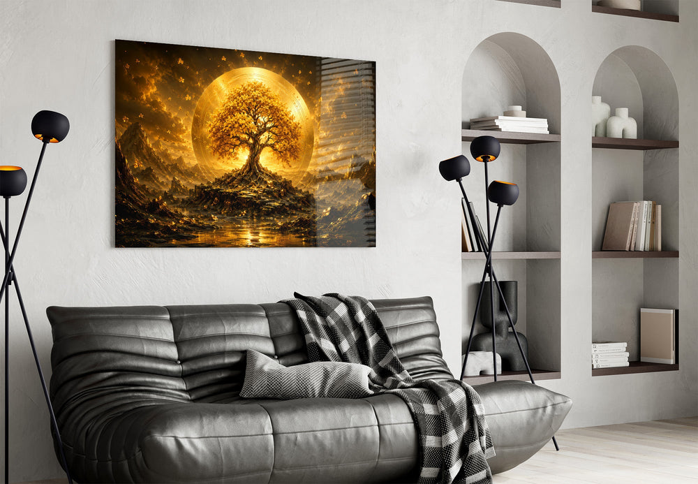 a golden tree of life before a radiant sun disc glass wall art styled above an armchair in a reading corner