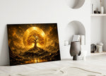 a golden tree of life before a radiant sun disc panel bringing character to a minimalist living room wall