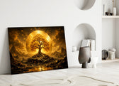 a golden tree of life before a radiant sun disc panel bringing character to a minimalist living room wall