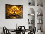 a golden tree of life before a radiant sun disc glass wall art leaning beside a dark leather sofa