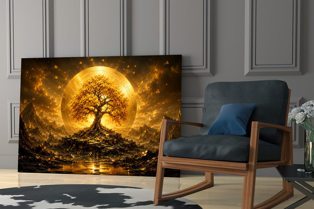 a golden tree of life before a radiant sun disc panel resting in a shelving niche in a modern interior