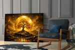 a golden tree of life before a radiant sun disc panel resting in a shelving niche in a modern interior