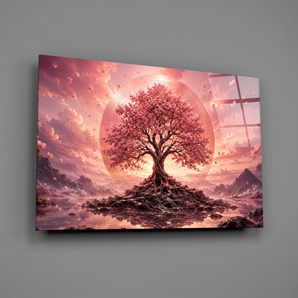 a pink cherry blossom tree at sunset glass wall art angled to show the polished tempered glass panel