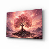 Pink Cherry Blossom Tree Sunset Glass Wall Art - Lifestyle preview in a designer interior