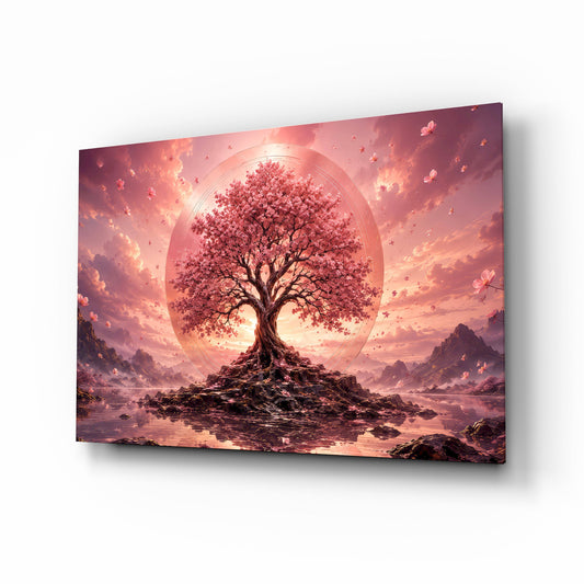 Pink Cherry Blossom Tree Sunset Glass Wall Art - Lifestyle preview in a designer interior