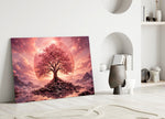 a pink cherry blossom tree at sunset panel bringing character to a minimalist living room wall
