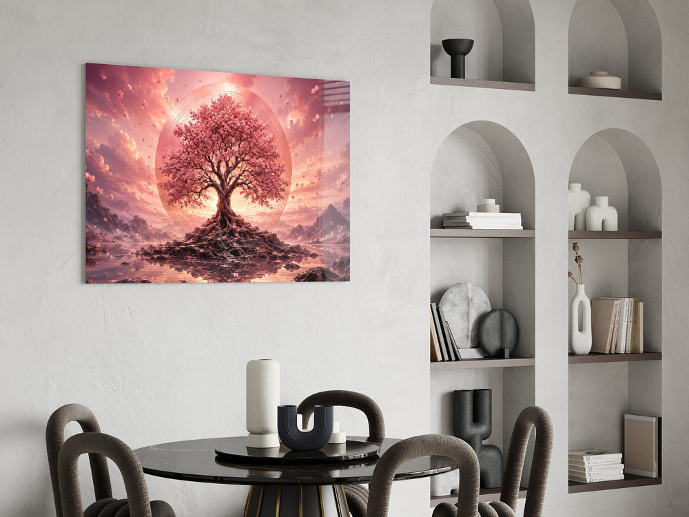 a pink cherry blossom tree at sunset glass wall art leaning beside a dark leather sofa