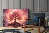 a pink cherry blossom tree at sunset panel resting in a shelving niche in a modern interior