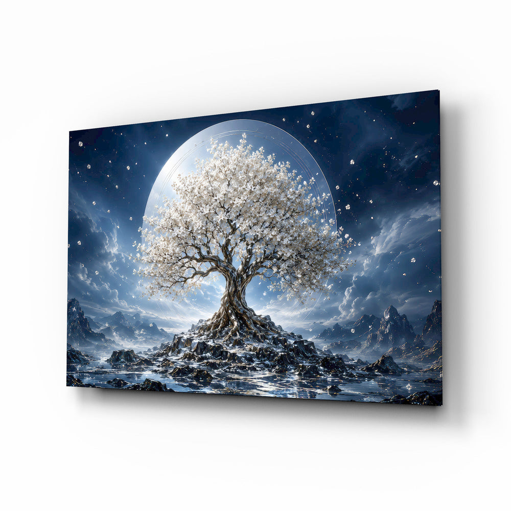 White Blossom Tree Full Moon Glass Wall Art - Lifestyle preview in a designer interior