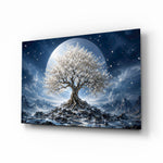 White Blossom Tree Full Moon Glass Wall Art - Lifestyle preview in a designer interior