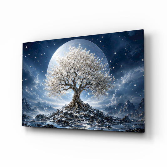 White Blossom Tree Full Moon Glass Wall Art - Lifestyle preview in a designer interior