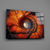 an autumn forest spiralling into a tunnel of light glass wall art angled to show the polished tempered glass panel