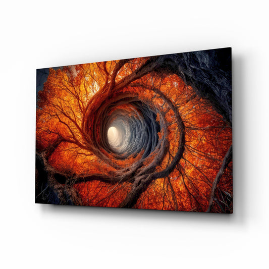 Autumn Forest Spiral Vortex Glass Wall Art - Lifestyle preview in a designer interior