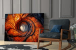 an autumn forest spiralling into a tunnel of light panel resting in a shelving niche in a modern interior