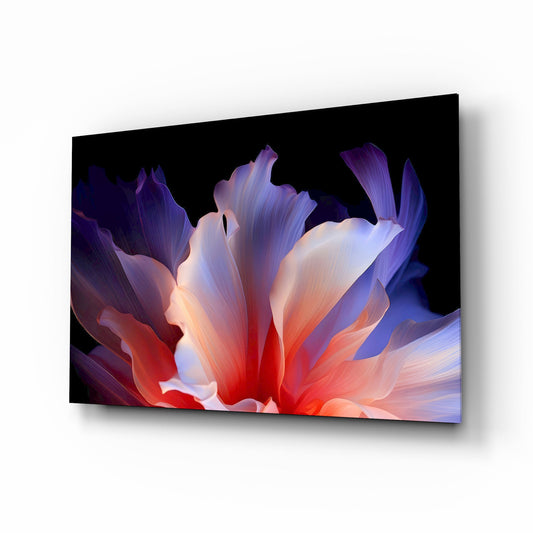 Abstract Petal Bloom Purple and Coral Glass Wall Art - Lifestyle preview in a designer interior