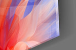 Close-up detail of the layered violet and coral translucent petals on the glass surface