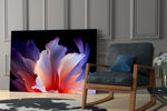 an abstract flower with translucent petals panel resting in a shelving niche in a modern interior