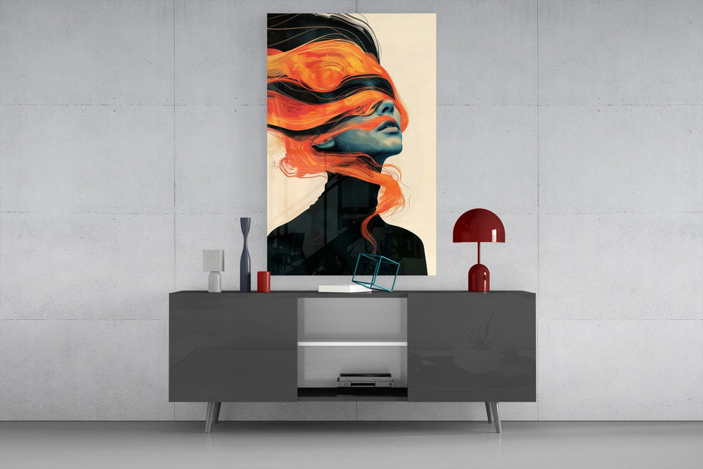 windswept orange hair over a blue-toned portrait glass wall art styled in an atmospheric room setting