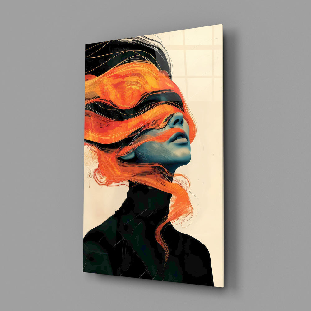 windswept orange hair over a blue-toned portrait glass wall art angled to show the polished tempered glass panel