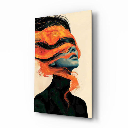 Orange Hair Veil Blue Portrait Glass Wall Art - Lifestyle preview in a designer interior