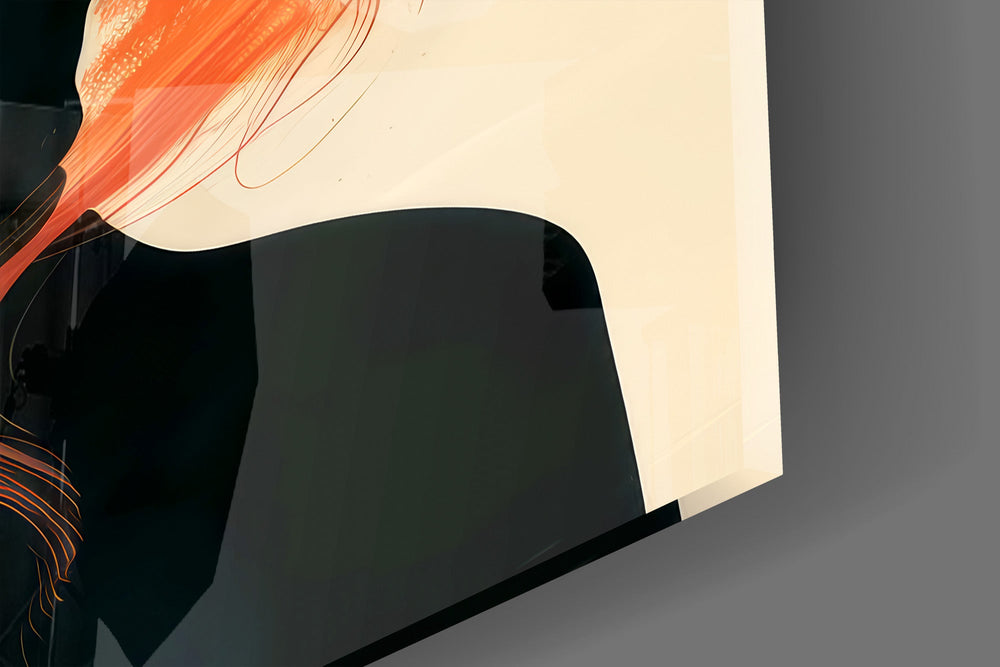Close-up detail of the ribbons of orange hair drawn across the closed eyes on the glass surface