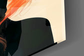 Close-up detail of the ribbons of orange hair drawn across the closed eyes on the glass surface