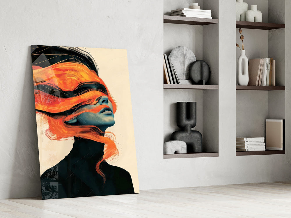 windswept orange hair over a blue-toned portrait panel resting in a shelving niche in a modern interior