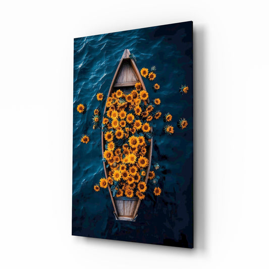 Sunflower Rowboat on Deep Blue Water Glass Wall Art - Lifestyle preview in a designer interior