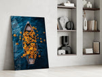 a wooden rowboat full of sunflowers on dark water panel resting in a shelving niche in a modern interior