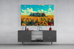 a rusted airship resting in a sunflower field glass wall art styled in an atmospheric room setting