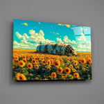 a rusted airship resting in a sunflower field glass wall art angled to show the polished tempered glass panel