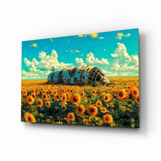 Derelict Airship in Sunflower Field Glass Wall Art - Lifestyle preview in a designer interior