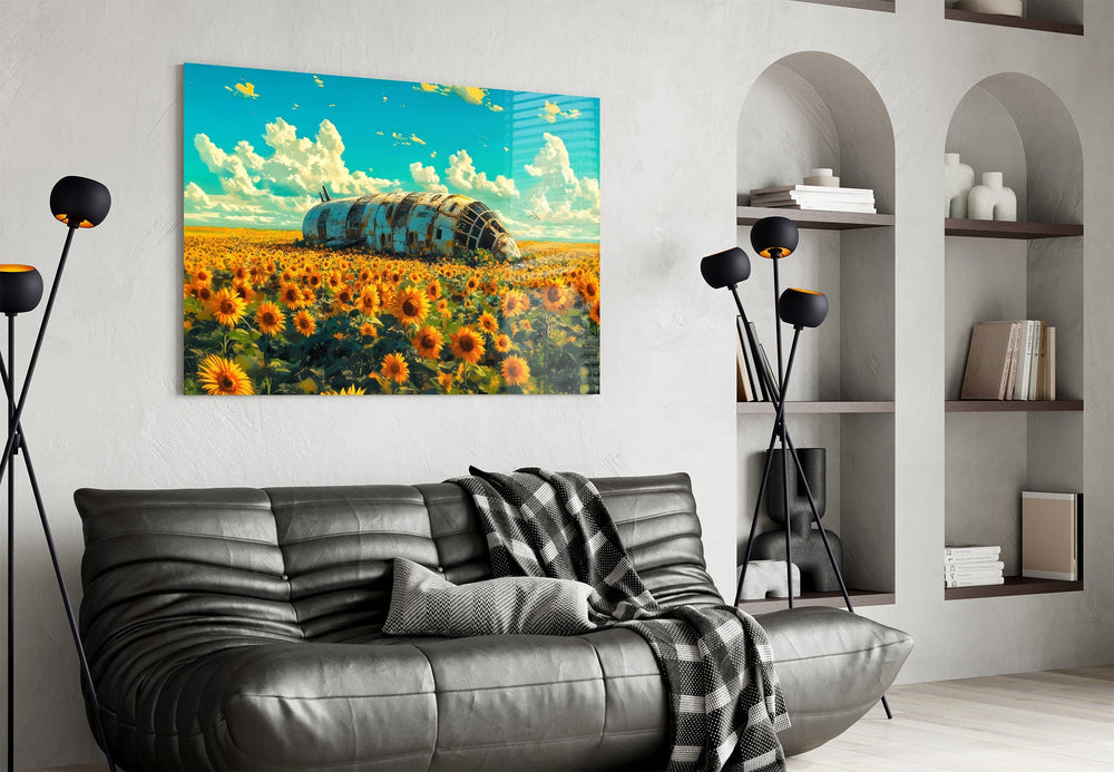a rusted airship resting in a sunflower field glass wall art styled above an armchair in a reading corner