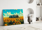 a rusted airship resting in a sunflower field panel bringing character to a minimalist living room wall