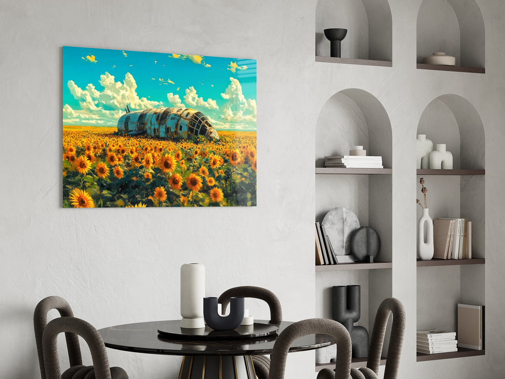 a rusted airship resting in a sunflower field glass wall art leaning beside a dark leather sofa