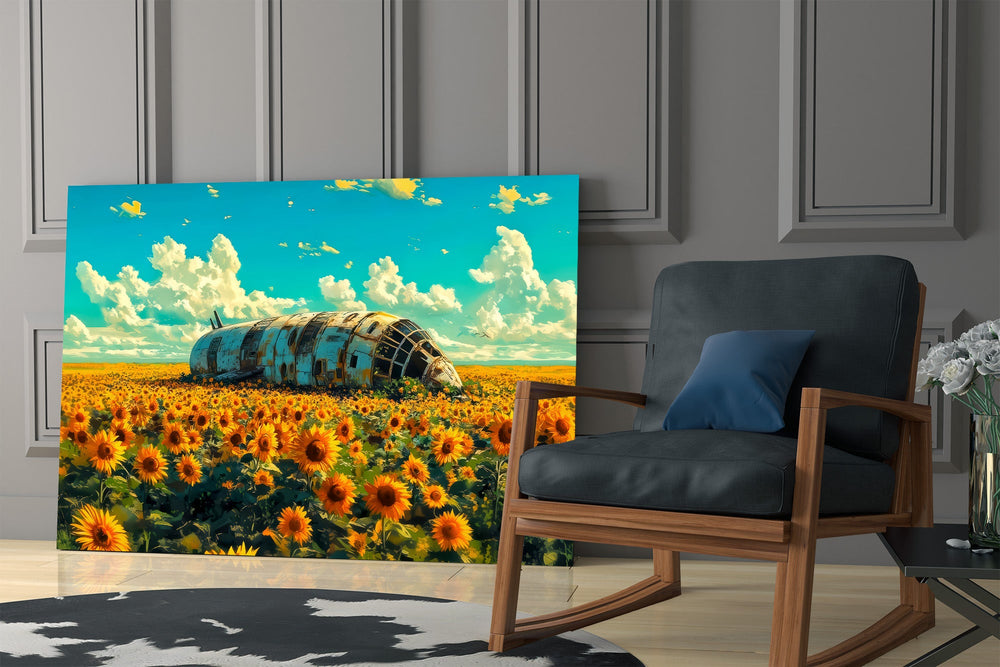 a rusted airship resting in a sunflower field panel resting in a shelving niche in a modern interior