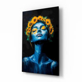 Blue Woman with Sunflower Crown Glass Wall Art - Lifestyle preview in a designer interior