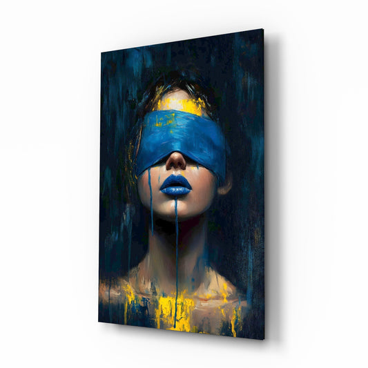 Blue Blindfold Dripping Portrait Glass Wall Art - Lifestyle preview in a designer interior