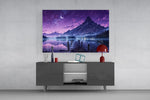 a wooden dock reaching into a purple twilight lake glass wall art styled in an atmospheric room setting