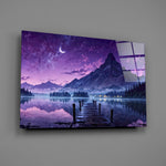 a wooden dock reaching into a purple twilight lake glass wall art angled to show the polished tempered glass panel